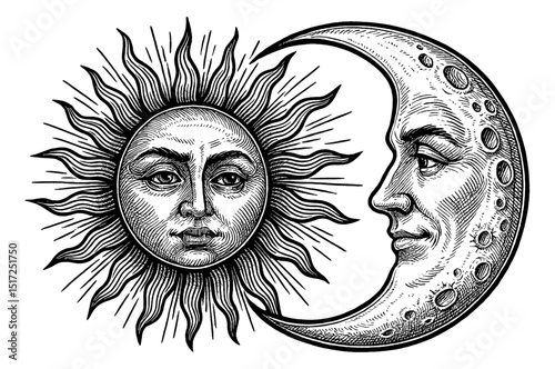 Engraving Style Sun and Moon with Human Faces Detailed Black and White Illustration