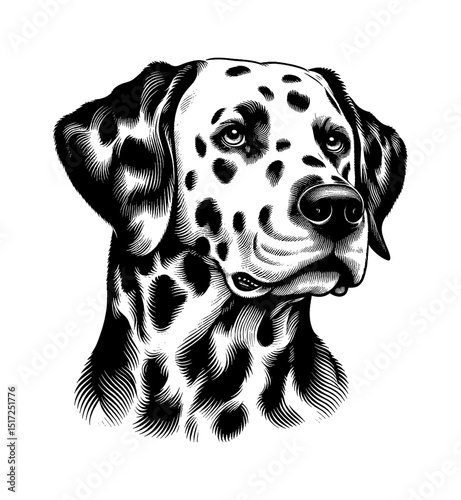 Engraved Portrait of a Dalmatian Dog with Detailed Black and White Markings