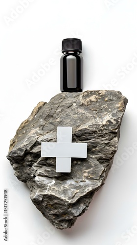 Natural Medicine Concept with Black Bottle and Swiss Cross on Stone
