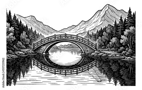 Engraved Illustration of Stone Arch Bridge Reflection on Calm Water, Mountain and Tree Background
