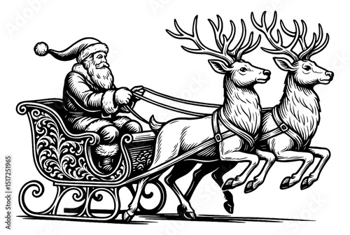 Santa Claus Riding Sleigh Pulled by Reindeer in Black and White Illustration