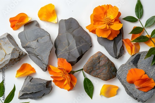 Marigold Petals and Rocks Still Life