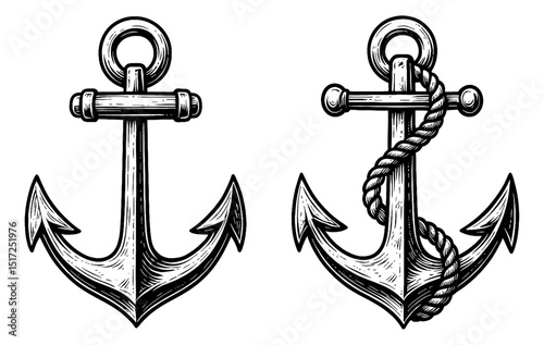 Two Black and White Anchor Illustrations with Rope Detail and Hatching Lines Isolated