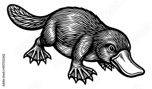 Monochrome Engraving Illustration of a Platypus with Detailed Line Work and Striking Texture
