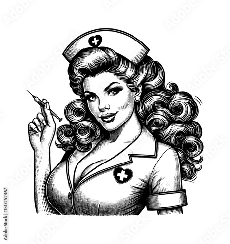 Glamorous Pinup Nurse Holding Syringe Black and White Detailed Vector Illustration Art