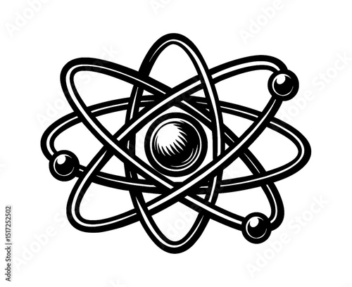 Illustration of Atom Model in Black and White Vector Style on White Background