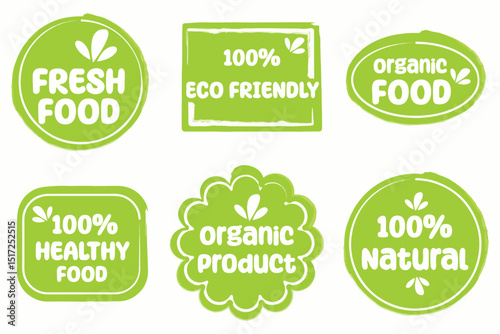 Set of eco stickers. Organic, food, vegan, bio, eco friendly natural meal logo, vegan products badge. Suitable for clip art, stickers, flat design illustration, etc