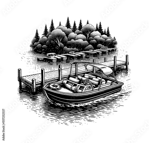 Engraved illustration of a boat on a lake with a dock and trees on an island
