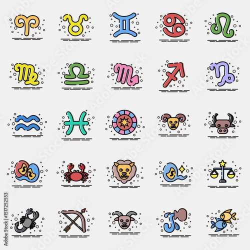 Icon set of zodiac horoscope. Zodiac horoscope elements. Icon in MBE style.