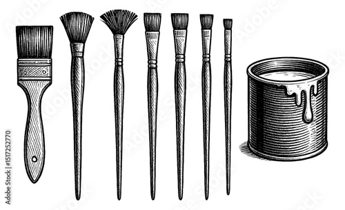 Engraved Illustration of a Set of Paintbrushes and a Can of Paint in Black and White