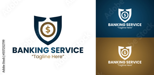 Secure Banking Service Logo with Shield and Dollar Coin Symbol in Dark Blue and Gold

