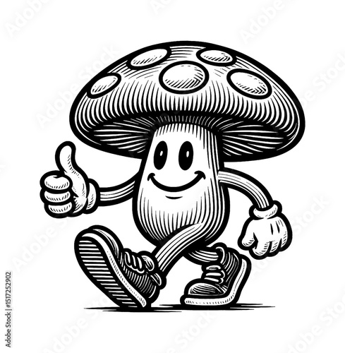 Cartoon Mushroom Walking with Thumbs Up and a Smiling Face in Black and White Engraving