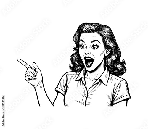 Surprised Caucasian Woman Pointing Finger in Pop Art Style Illustration with Open Mouth
