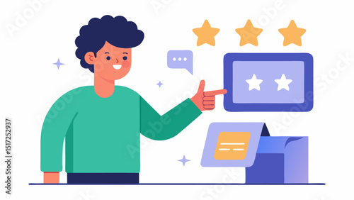 Customer Experience Feedback A customer engaging with an interactive touchscreen feedback terminal after shopping surrounded by stylized stars or thumbs updown icons for ratings.