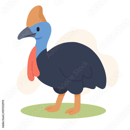 Cartoon cassowary with bold colors and upright stance, cassowary illustration highlights exotic wildlife, perfect for educational materials, posters and animal-themed art.