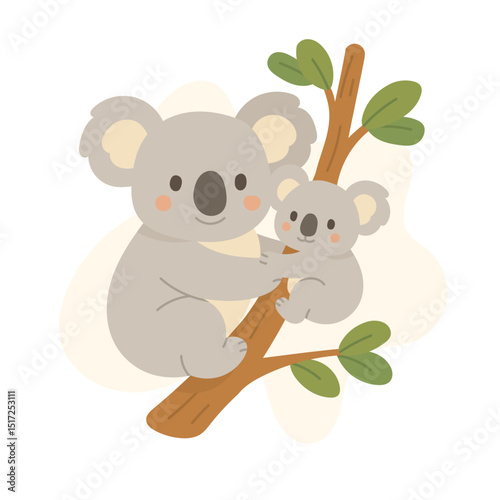 Koala mother hugging baby on tree, koala cartoon perfect for family-themed content, nature illustrations, and kids-friendly animal stories or posters.