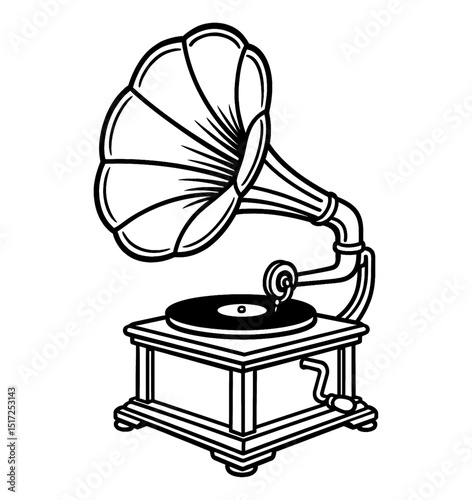 Detailed Vintage Black and White Illustration of a Gramophone with Vinyl Record