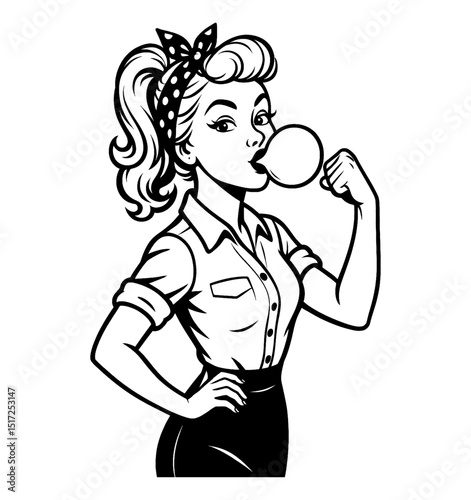 Retro style pinup woman blowing bubble gum with strong arm monochrome vector illustration