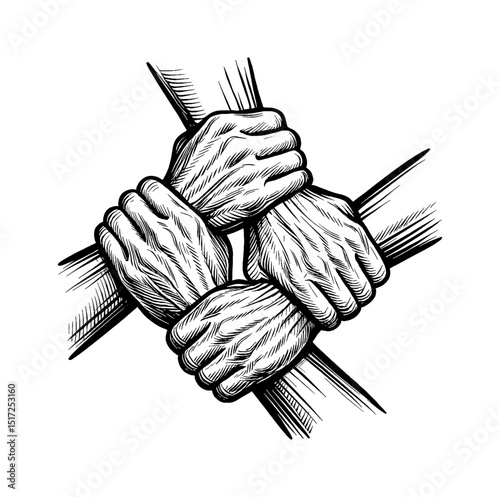 Four Hands Holding Stick in Unity and Teamwork Engraved Vector Illustration