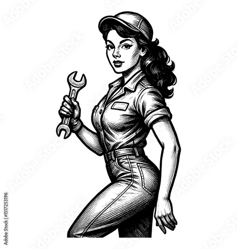 Smiling Caucasian Woman in Cap and Jumpsuit Holding Wrench, Black and White Pinup Style