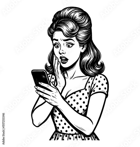 Woman looking at phone with shocked expression in black and white vintage comic style