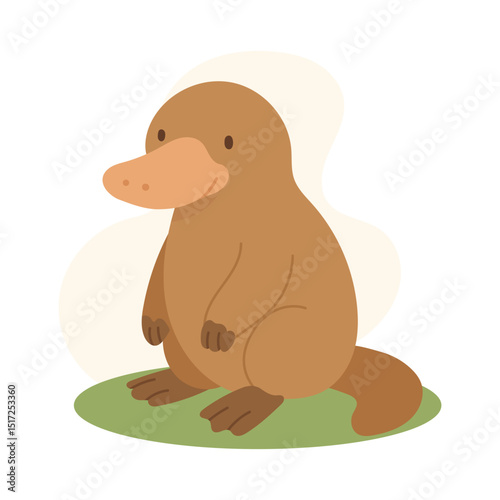 Platypus cartoon sitting calmly with wide bill and flippers, great for educational nature designs, Australian wildlife content, and children's illustrations.