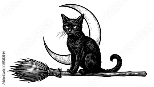 Black Cat Sitting on a Broomstick in front of Moon Engrave Style Vector Illustration