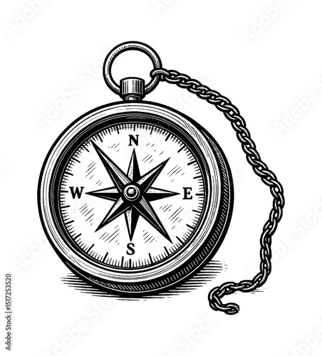 Detailed Compass Illustration with Chain in Black and White Classic Style