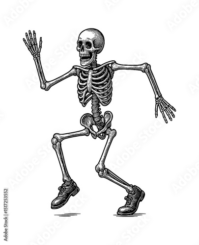 Engraved Illustration of Skeleton Running with Shoes and Raising Arm