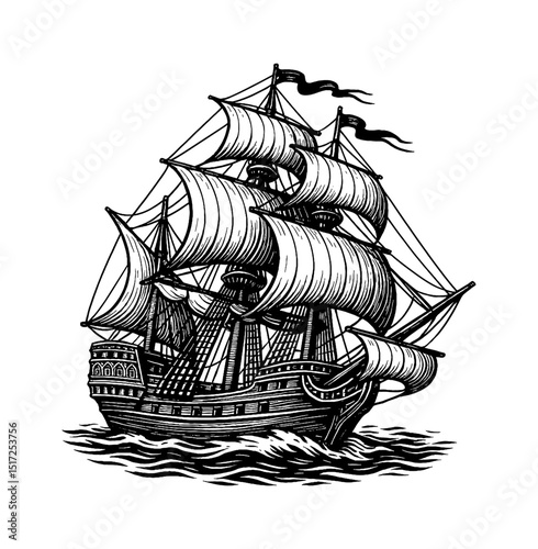 Detailed Engraving of a Classic Sailing Ship on the Water in Black and White