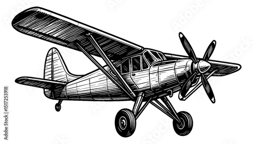 Illustration of a Vintage Airplane in Black and White Engraving Style isolated on white