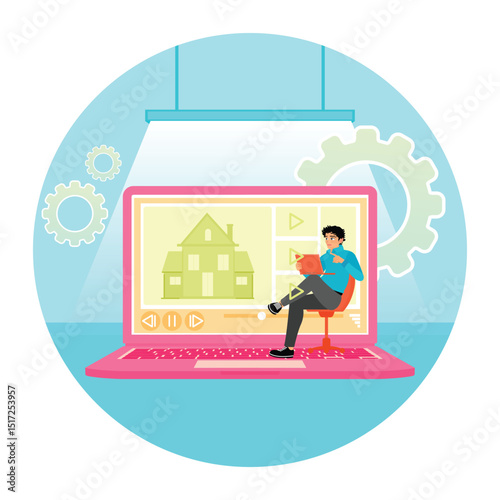 Real Estate Video Tour. Man Watching a Real Estate Video on a Laptop in a Modern Style.
