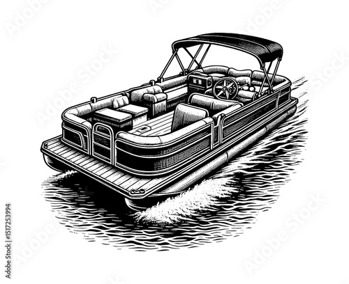 Pontoon Boat on the Water in Detailed Black and White Engraving Style Illustration