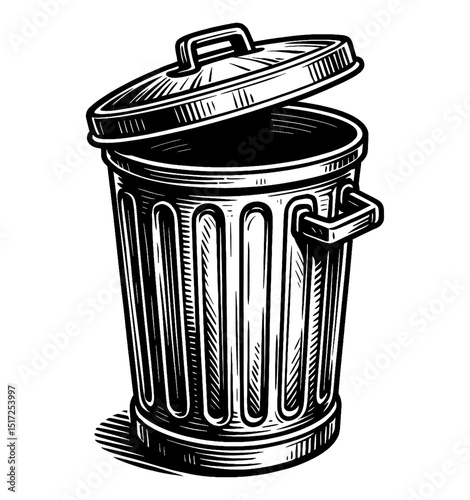 Illustration of a Trash Can with Open Lid in Black and White Detailed Line Art