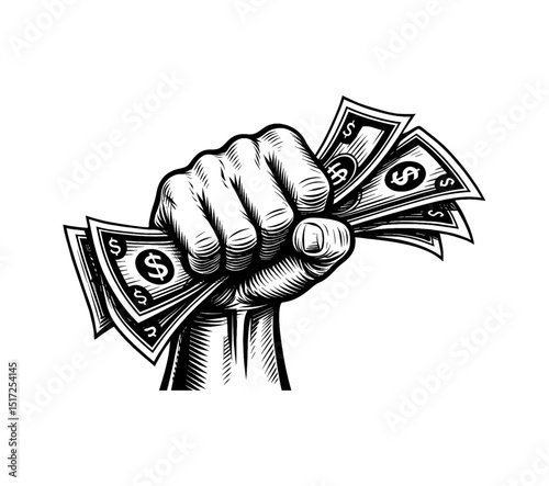 Hand Holding Money Dollar Bills in Engraved Detailed Black and White Line Art Drawing