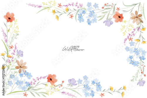 Colorful meadow wildflowers watercolor botanical background frame. Spring and summer Background watercolor arrangements with small flower. Botanical illustration minimal style.