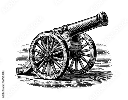 Vintage Engraved Cannon on Wheels, Black and White Detailed Illustration
