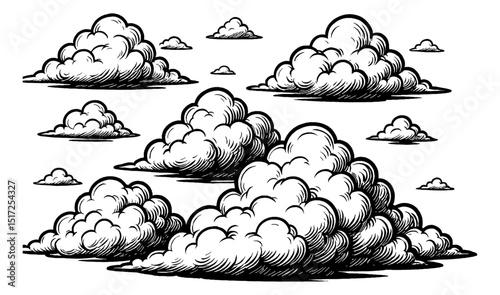 Cloud illustration set in engraving style, fluffy clouds isolated on white background