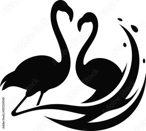 Two flamingos in silhouette forming a heart shape with their necks surrounded by water splashes design