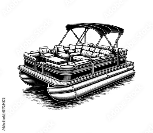 Detailed Black and White Illustration of a Pontoon Boat with Canopy and Seating