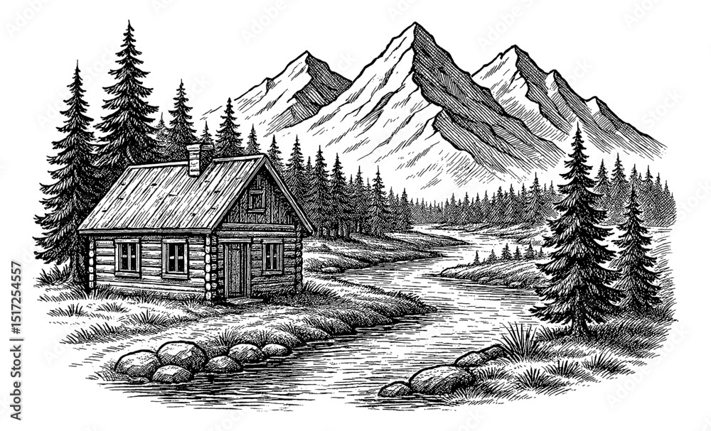custom made wallpaper toronto digitalEngraving Style Cabin by River with Mountain View. Forest Scenery with a Wooden House