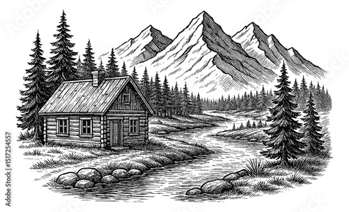Engraving Style Cabin by River with Mountain View. Forest Scenery with a Wooden House