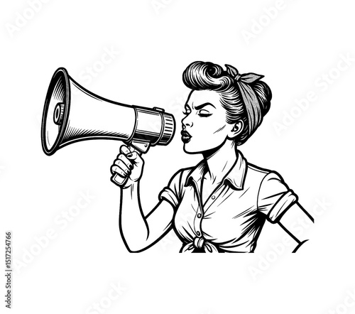 Rosie the Riveter Inspired Woman Shouting with Megaphone in Black and White Illustration
