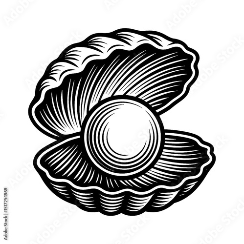 Engraving Style Illustration of an Oyster Shell Containing a Pearl with Black and White