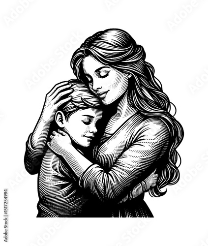 Loving Mother Embracing Son with Affectionate Hug in Detailed Black and White Engraving
