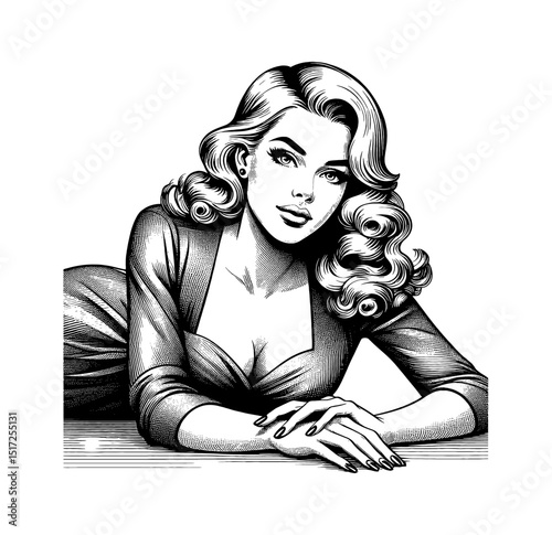 Attractive blonde woman lying down with a charming expression, monochrome vector art