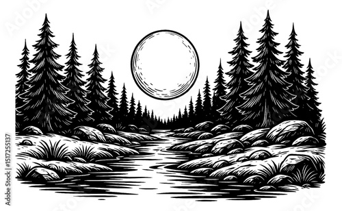 Monochrome Landscape with Trees River Rocks and Sun Engraved Illustration