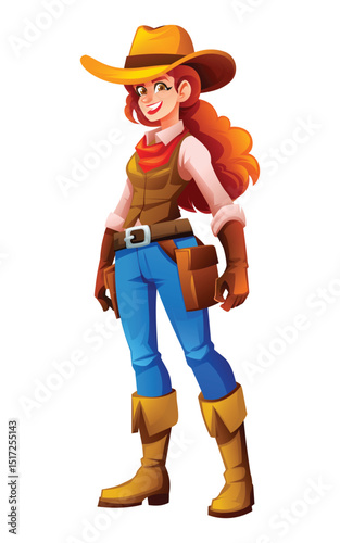 Confident cowgirl standing with smile in classic western attire. Vector cartoon character illustration