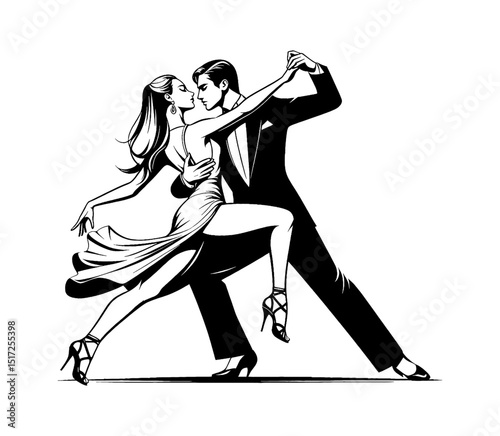 Elegant couple dancing tango in black and white vector illustration graphic art