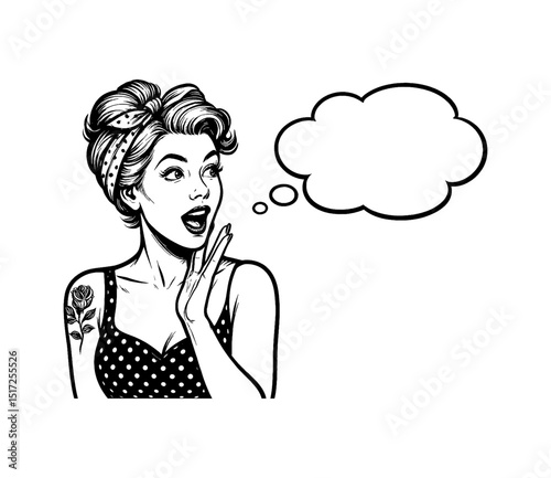 Surprised Pinup Woman with Open Mouth and Thought Bubble in Black and White Illustration